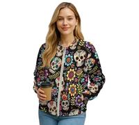 Xoenoiee Blouson bomber tendance pour femme - Automne et hiver - Veste zippée avec poches - Vêtement d'extérieur léger et décontracté, Crânes gothiques Boho Mandala, XXL