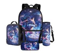 Xoenoiee Ensemble de 4 sacs à dos d'école 43,2 cm avec sac à déjeuner thermique, trousse à crayons et porte-bouteille d'eau, motif loup pour garçons, Loup, papillon, rose, galaxie, Taille unique