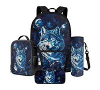 Xoenoiee Ensemble de 4 sacs à dos d'école 43,2 cm avec sac à déjeuner thermique, trousse à crayons et porte-bouteille d'eau, motif loup pour garçons, Loup Planètes Galaxie, Taille unique, Ensemble