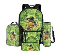 Xoenoiee Ensemble de 4 sacs à dos d'école de 43,2 cm, sac à déjeuner thermique, porte-bouteille d'eau, trousse à crayons, cartable pour enfants et étudiants, Tortue et coquillage vert, Taille unique
