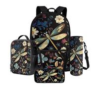 Xoenoiee Ensemble de 4 sacs à dos d'école de 43,2 cm, sac à déjeuner thermique, porte-bouteille d'eau, trousse à crayons, cartable pour enfants et étudiants, Libellule florale bohème, Taille unique