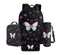 Xoenoiee Ensemble de 4 sacs à dos d'école de 43,2 cm, sac à déjeuner thermique, porte-bouteille d'eau, trousse à crayons, cartable pour enfants et étudiants, Papillon et roses florales, Taille unique