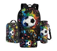 Xoenoiee Ensemble de 4 sacs à dos d'école de 43,2 cm, sac à déjeuner thermique, porte-bouteille d'eau, trousse à crayons, cartable pour enfants et étudiants, Peinture colorée ballon de football