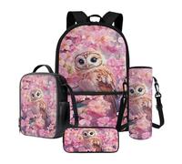 Xoenoiee Ensemble de 4 sacs à dos d'école pour enfants avec boîte à déjeuner isotherme, trousse à crayons, porte-bouteille d'eau pour garçons et filles, Chouette cerisier en, Taille unique, Ensemble