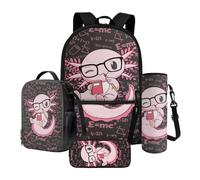 Xoenoiee Ensemble de 4 sacs à dos d'école pour enfants avec boîte à déjeuner isotherme, trousse à crayons, porte-bouteille d'eau pour garçons et filles, Axolotl Mathématiques Géométriques Rose, Taille