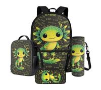 Xoenoiee Ensemble de 4 sacs à dos d'école pour enfants avec boîte à déjeuner isotherme, trousse à crayons, porte-bouteille d'eau pour garçons et filles, Axolotl Math Géométrique Vert, Taille unique