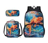 Xoenoiee Ensemble sac à dos 3 pièces pour adolescentes, garçons et filles, sac à déjeuner + trousse à crayons pour la rentrée scolaire des étudiants, Poisson koï.