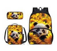 Xoenoiee Ensemble sac à dos 3 pièces pour adolescentes, garçons et filles, sac à déjeuner + trousse à crayons pour la rentrée scolaire des étudiants, Panda Tournesol