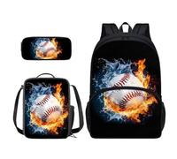 Xoenoiee Ensemble sac à dos 3 pièces pour garçons et filles 43,2 cm avec sac à déjeuner et trousse à crayons pour étudiants fournitures scolaires, Baseball anti-éclaboussures de feu et d'eau