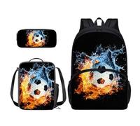 Xoenoiee Ensemble sac à dos 3 pièces pour garçons et filles 43,2 cm avec sac à déjeuner et trousse à crayons pour étudiants fournitures scolaires, Ballon de football anti-éclaboussures de feu et d'eau