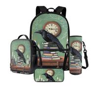 Xoenoiee Ensemble sac à dos 4 pièces avec sac à déjeuner thermique, trousse à crayons et porte-bouteille d'eau, cadeau pour la rentrée scolaire, Crow Clock Books Bougie, Taille unique, Ensemble