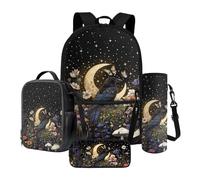 Xoenoiee Ensemble sac à dos 4 pièces avec sac à déjeuner thermique, trousse à crayons et porte-bouteille d'eau, cadeau pour la rentrée scolaire, Crow Butterfly Moon Floral Nuit étoilée, Taille unique