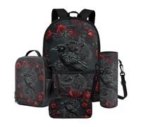 Xoenoiee Ensemble sac à dos 4 pièces avec sac à déjeuner thermique, trousse à crayons et porte-bouteille d'eau, cadeau pour la rentrée scolaire, Crow Rose rouge mécanique, Taille unique, Ensemble