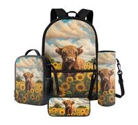 Xoenoiee Ensemble sac à dos 4 pièces avec sac à déjeuner thermique, trousse à crayons et porte-bouteille d'eau, cadeau pour la rentrée scolaire, Bovins des Highlands et tournesol, Taille unique