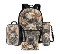 Xoenoiee Ensemble sac à dos 4 pièces avec sac à déjeuner thermique, trousse à crayons et porte-bouteille d'eau, cadeau pour la rentrée scolaire, Loup Elk Eagle, Taille unique, Ensemble cartable