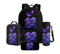 Xoenoiee Ensemble sac à dos 4 pièces avec sac à déjeuner thermique, trousse à crayons et porte-bouteille d'eau, cadeau pour la rentrée scolaire, Champignon papillon violet, Taille unique, Ensemble