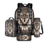Xoenoiee Ensemble sac à dos 4 pièces avec sac à déjeuner thermique, trousse à crayons et porte-bouteille d'eau, cadeau pour la rentrée scolaire, Loup de la tribu ethnique, Taille unique, Ensemble