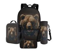 Xoenoiee Ensemble sac à dos 4 pièces avec sac à déjeuner thermique, trousse à crayons et porte-bouteille d'eau, cadeau pour la rentrée scolaire, Marron ours, Taille unique, Ensemble cartable