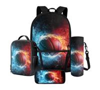 Xoenoiee Ensemble sac à dos 4 pièces avec sac à déjeuner thermique, trousse à crayons et porte-bouteille d'eau, cadeau pour la rentrée scolaire, Basketball et feu d'eau, Taille unique, Ensemble