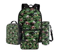 Xoenoiee Ensemble sac à dos de 43,2 cm, sac à déjeuner thermique, porte-bouteille d'eau, trousse à crayons, cadeau de rentrée scolaire pour garçons et filles, Tracteurs de dessin animé camouflage vert