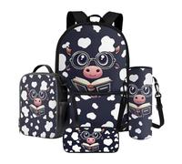 Xoenoiee Ensemble sac à dos de 43,2 cm, sac à déjeuner thermique, porte-bouteille d'eau, trousse à crayons, cadeau de rentrée scolaire pour garçons et filles, Livre de vache mignonne, Taille unique