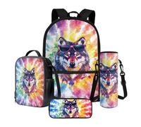 Xoenoiee Ensemble sac à dos de 43,2 cm, sac à déjeuner thermique, porte-bouteille d'eau, trousse à crayons, cadeau de rentrée scolaire pour garçons et filles, Loup coloré Tie-dye, Taille unique