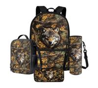Xoenoiee Ensemble sac à dos de 43,2 cm, sac à dos thermique, boîte à déjeuner, porte-bouteille d'eau, trousse à crayons, 4 pièces pour garçons, Camouflage forêt loup, Taille unique, Ensemble cartable