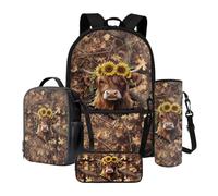 Xoenoiee Ensemble sac à dos de 43,2 cm, sac à dos thermique, boîte à déjeuner, porte-bouteille d'eau, trousse à crayons, 4 pièces pour garçons, Bovins Tournesol Forêt Camouflage, Taille unique