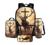 Xoenoiee Ensemble sac à dos de 43,2 cm, sac à dos thermique, boîte à déjeuner, porte-bouteille d'eau, trousse à crayons, 4 pièces pour garçons, Croix d'élan sauvage, Taille unique, Ensemble cartable