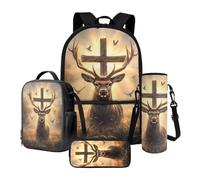 Xoenoiee Ensemble sac à dos de 43,2 cm, sac à dos thermique, boîte à déjeuner, porte-bouteille d'eau, trousse à crayons, 4 pièces pour garçons, Croix d'élan sauvage colombe de la paix, Taille unique
