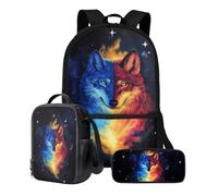 Xoenoiee Ensemble sac à dos d'école 3 en 1 comprenant un grand sac d'école de 43,2 cm, un sac à déjeuner et une trousse à crayons pour adolescents garçons, Rouge Bleu Feu Loup Galaxie