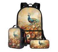 Xoenoiee Ensemble sac à dos d'école 3 en 1 comprenant un grand sac d'école de 43,2 cm, un sac à déjeuner et une trousse à crayons pour filles, Peacock Floral