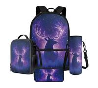 Xoenoiee Ensemble sac à dos d'école avec boîte à déjeuner, trousse à crayons et porte-bouteille d'eau pour adolescents, enfants, école primaire, Deer Forest Nuit étoilée, Taille unique, Ensemble