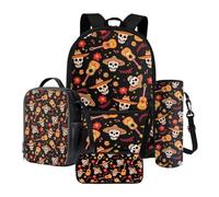 Xoenoiee Ensemble sac à dos d'école avec boîte à déjeuner, trousse à crayons et porte-bouteille d'eau pour adolescents, enfants, primaire et collège, Guitare Skull Floral, Taille unique, Ensemble