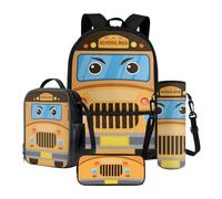 Xoenoiee Ensemble sac à dos d'école, sac à déjeuner thermique, porte-bouteille d'eau, trousse à crayons, sac à livres pour enfants et étudiants, Bus scolaire dessin animé, Taille unique, Ensemble