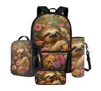 Xoenoiee Ensemble sac à dos d'école, sac à déjeuner thermique, porte-bouteille d'eau, trousse à crayons, sac à livres pour enfants et étudiants, Paresseux marguerite florale, Taille unique, Ensemble