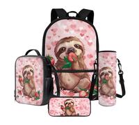 Xoenoiee Ensemble sac à dos d'école, sac à déjeuner thermique, porte-bouteille d'eau, trousse à crayons, sac à livres pour enfants et étudiants, Paresseux Fraise Cœurs Rose, Taille unique, Ensemble