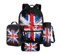 Xoenoiee Ensemble sac à dos d'école, sac à déjeuner thermique, porte-bouteille d'eau, trousse à crayons, sac à livres pour enfants et étudiants, Drapeau Union Jack., Taille unique, Ensemble cartable