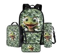 Xoenoiee Ensemble sac à dos d'école, sac à déjeuner thermique, porte-bouteille d'eau, trousse à crayons, sac à livres pour enfants et étudiants, Camouflage vert lézard dessin animé, Taille unique