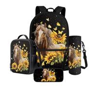 Xoenoiee Ensemble sac à dos d'école, sac à déjeuner thermique, porte-bouteille d'eau, trousse à crayons, sac à livres pour enfants et étudiants, Cheval, papillon, tournesol, Taille unique, Ensemble