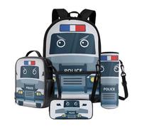 Xoenoiee Ensemble sac à dos d'école, sac à déjeuner thermique, porte-bouteille d'eau, trousse à crayons, sac à livres pour enfants et étudiants, Voiture de police de dessin animé, Taille unique
