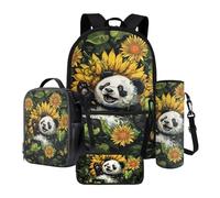 Xoenoiee Ensemble sac à dos d'école, sac à déjeuner thermique, porte-bouteille d'eau, trousse à crayons, sac à livres pour enfants et étudiants, Panda Papillon Tournesol, Taille unique, Ensemble