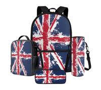 Xoenoiee Ensemble sac à dos d'école, sac à déjeuner thermique, porte-bouteille d'eau, trousse à crayons, sac à livres pour enfants et étudiants, Drapeau Union Jack, Taille unique, Ensemble cartable