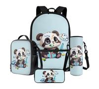 Xoenoiee Ensemble sac à dos d'école, sac à déjeuner thermique, porte-bouteille d'eau, trousse à crayons, sac à livres pour enfants et étudiants, Dessin panda mignon, Taille unique, Ensemble cartable