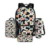 Xoenoiee Ensemble sac à dos d'école, sac à déjeuner thermique, porte-bouteille d'eau, trousse à crayons, sac à livres pour enfants et étudiants, Fleur de marguerite à pois de vache, Taille unique