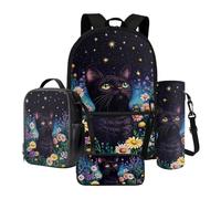 Xoenoiee Grand sac à dos isotherme pour déjeuner et porte-bouteille d'eau 4 pièces pour enfants Motif chats et chiens, Chat Daisy Floral Nuit étoilée, Taille unique, Ensemble cartable