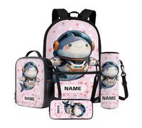 Xoenoiee Grand sac à dos thermique pour déjeuner et porte-bouteille d'eau 4 pièces pour enfants, Adorable requin en fleur de cerisier, Taille unique, Ensemble cartable