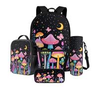 Xoenoiee Grand sac à dos thermique pour déjeuner et porte-bouteille d'eau 4 pièces pour enfants, Coloré Champignon Papillon Nuit Étoilée, Taille unique, Ensemble cartable