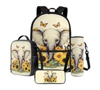 Xoenoiee Grand sac à dos thermique pour déjeuner et porte-bouteille d'eau 4 pièces pour enfants, Éléphant, papillon, tournesol, Taille unique, Ensemble cartable