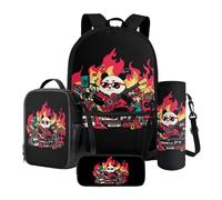 Xoenoiee Grand sac à dos thermique pour déjeuner et porte-bouteille d'eau 4 pièces pour enfants, Panda Music Band Fire, Taille unique, Ensemble cartable
